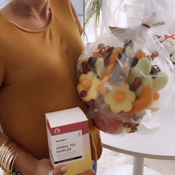Edible Arrangements - Delicious Fruit Design with Happy Birthday Container and  The Tea Sampler (in store purchase only). - Flowers & Gifts Near Me - Stafford, Texas