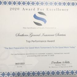 Southern General Insurance Services - Award for excellence in customer service