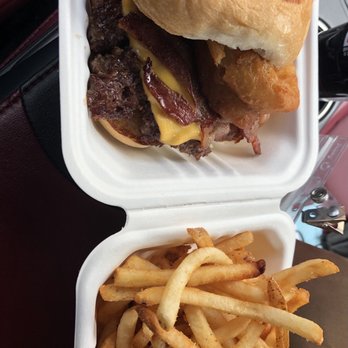LA Burger - Holy Smokes Burger & String fries BBQ on the side. The burger comes with cheese, bacon, & 2 fried onion rings - Burgers Near Me - Carrollton, Texas LA Burger - Holy Smokes Burger & String fries BBQ on the side. The burger comes with cheese, bacon, & 2 fried onion rings - Burgers Near Me - Carrollton, Texas