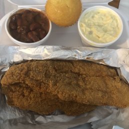 2 Piece Boneless Catfish Dinner with Red Beans & Rice, Cornbread muffin, and Potato Salad.
