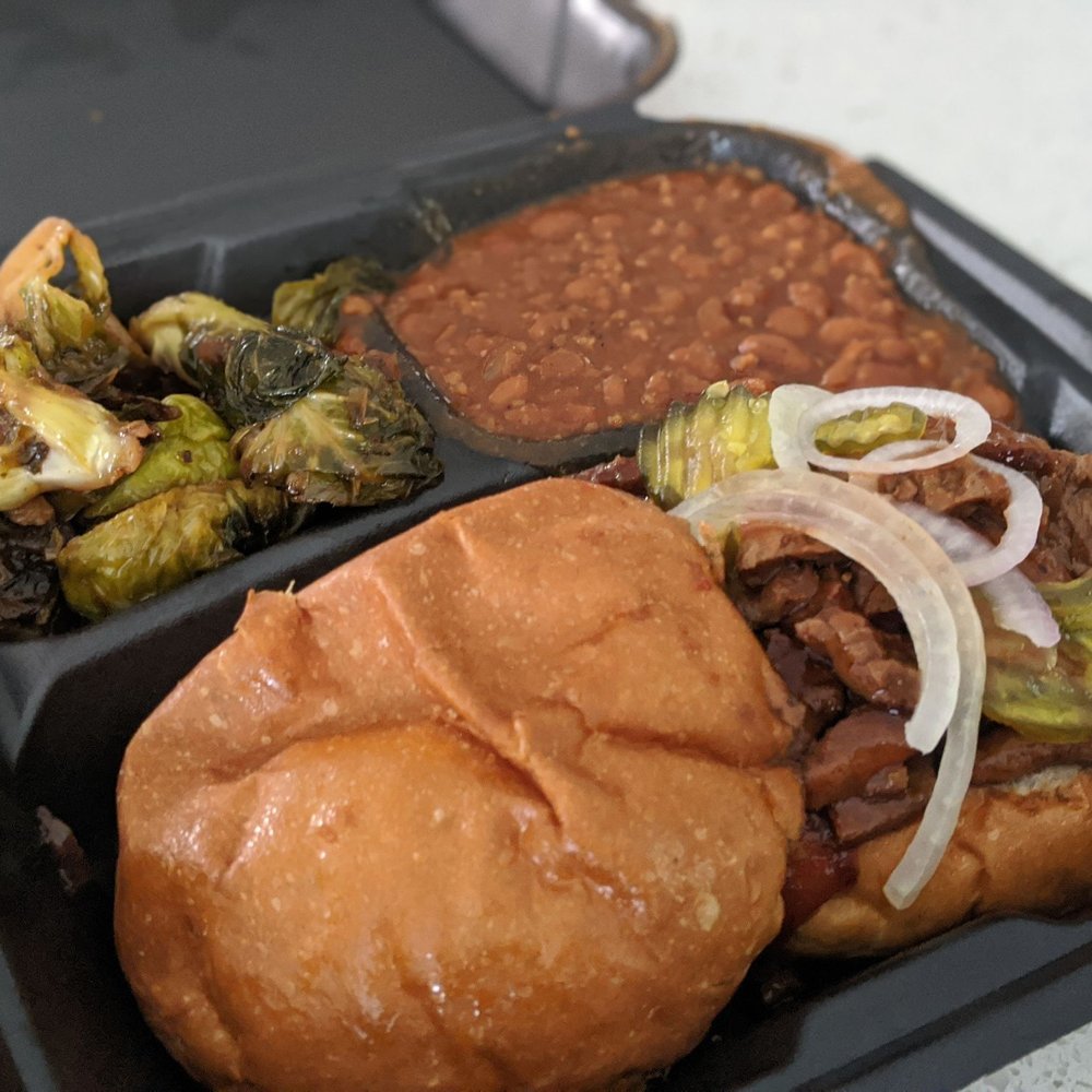 Houston Sauce Pit - "Veef" sandwich with added sides (brussels sprouts and baked beans) - Vegan Near Me - Houston, Texas