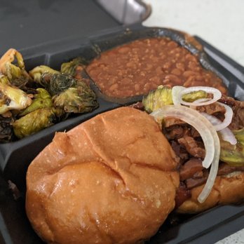 Houston Sauce Pit - "Veef" sandwich with added sides (brussels sprouts and baked beans) - Vegan Near Me - Houston, Texas Houston Sauce Pit - "Veef" sandwich with added sides (brussels sprouts and baked beans) - Vegan Near Me - Houston, Texas