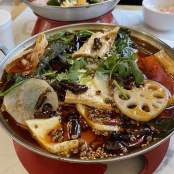 Movoc - Oil splash mala hotpot. Ingredients included lotus root, tofu, bean curd, quail eggs, beef aorta, tripe, potato - Chinese Near Me - St. Louis, Missouri