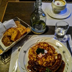 Restaurant Kreuz - Bratwust with potatoes and tomato soup with bread.
