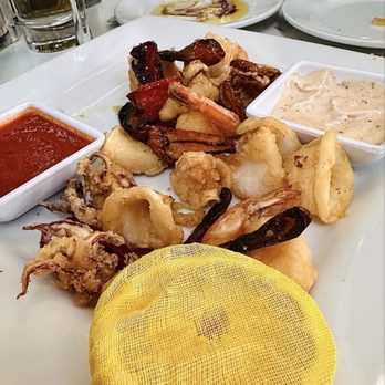 Cafe Med Eugene - Gluten-free fried shrimp and calamari with an incredible puttanesca on the side. Perfect texture, light, and not even the least bit oily. - Italian Near Me - Eugene, Oregon