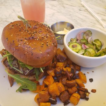 True Food Kitchen - Grass fed burger and sweet potatoes and cucumber salad - New American Near Me - Austin, Texas True Food Kitchen - Grass fed burger and sweet potatoes and cucumber salad - New American Near Me - Austin, Texas