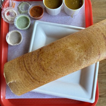 ID Cafe - Desi ghee roasted dosa with sambar and 3 flavored chatnis. The red chatni is the best BUT sambar is the winner!!! It's so good!!! - Indian Near Me - Oakland, California