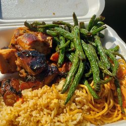 Asian Chao - Bourbon chicken and string beans with fried rice and chow mein