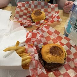Double cheeseburgers and fries Double cheeseburgers and fries