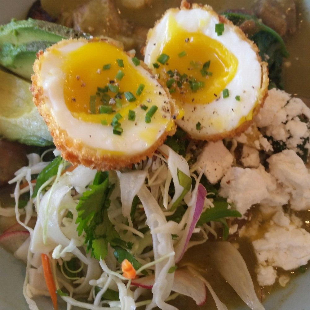 Kitchenette - Pork pozole verde. Delicious with just the right amount of heat! Also, how do they bread those eggs?? - Breakfast & Brunch Near Me - Templeton, California Kitchenette - Pork pozole verde. Delicious with just the right amount of heat! Also, how do they bread those eggs?? - Breakfast & Brunch Near Me - Templeton, California