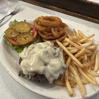 German Village Coffee Shop - Mushroom & Swiss Burger, Side of French Fries and Onion Rings - Breakfast & Brunch Near Me - Columbus, Ohio German Village Coffee Shop - Mushroom & Swiss Burger, Side of French Fries and Onion Rings - Breakfast & Brunch Near Me - Columbus, Ohio