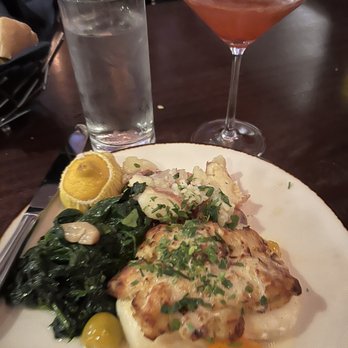Atlantic Fish - Amazing fresh food- Halibut with crab topping, smashed potatoes and Spinach - Seafood Near Me - Boston, Massachusetts Atlantic Fish - Amazing fresh food- Halibut with crab topping, smashed potatoes and Spinach - Seafood Near Me - Boston, Massachusetts