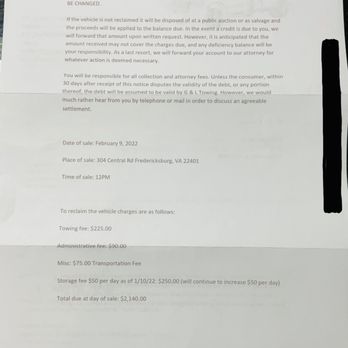G & L Towing - Letter from G&L, back.  States they will sell our truck on 9 February, 32 days from date they received the truck - Towing Near Me - Fredericksburg, Virginia