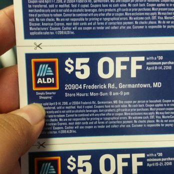ALDI - Grand re-opening coupons! $5 off $30 coupons available in-store by register (or ask employee). Valid April 1-21 2018. - Grocery Near Me - Germantown, Maryland ALDI - Grand re-opening coupons! $5 off $30 coupons available in-store by register (or ask employee). Valid April 1-21 2018. - Grocery Near Me - Germantown, Maryland