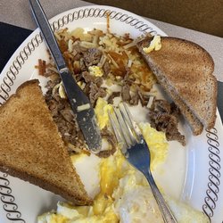 Waffle House - Cheesesteak with cheese egg breakfast we add
