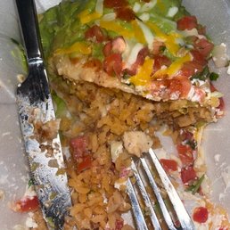 Each bite probably contain one tiny square piece of chicken.