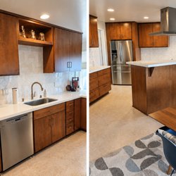Pacific Kitchens Inc - Solid maple cabinet refacing in "Espresso" with "Organic White" Quartz countertops.