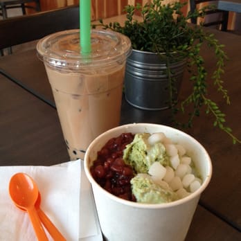 Berlins - Black milk tea with boba and green tea snow/shave ice with red bean, mochi, and sweetened condensed milk - Bubble Tea Near Me - Los Angeles, California
