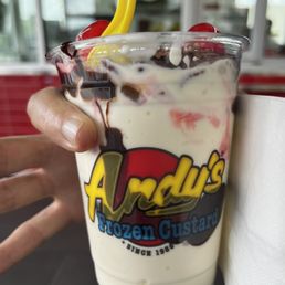 Andy's Ozark Turtle Sundae Andy's frozen custard covered with hot fudge, crème caramel, roasted pecans, and topped with a cherry. Andy's Ozark Turtle Sundae Andy's frozen custard covered with hot fudge, crème caramel, roasted pecans, and topped with a cherry.