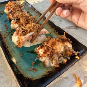 Sushisamba - EL TOPO®*  salmon, jalapeno, shiso, fresh melted mozzarella, crispy onion, spicy mayo, eel sauce - Japanese Near Me - West Hollywood, California