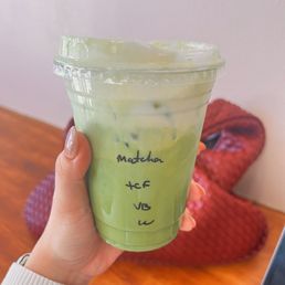 Iced matcha latte with cold foam and vanilla syrup