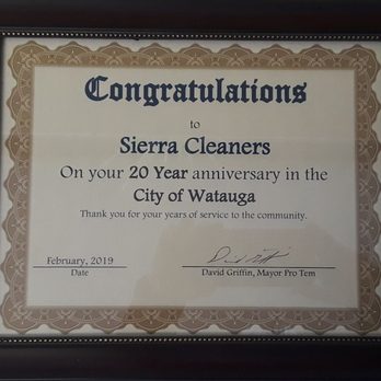 Sierra Cleaners - Recognition for 20 years of service in Watauga, TX - Dry Cleaning Near Me - Watauga, Texas Sierra Cleaners - Recognition for 20 years of service in Watauga, TX - Dry Cleaning Near Me - Watauga, Texas