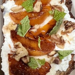 Peaches on Toast! ricotta studded with crushed walnuts under roasted peaches drizzled with honey, mint Peaches on Toast! ricotta studded with crushed walnuts under roasted peaches drizzled with honey, mint