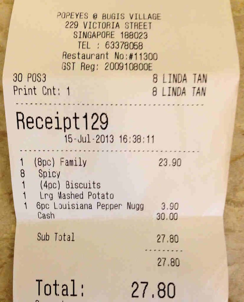 Receipt Popeye S Louisiana Kitchen Singapore Yelp