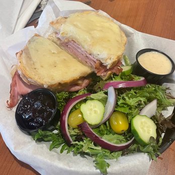 Cafe des Amis - Croque Monsieur Sandwich, side blueberry filling, side mustard vinaigrette, garden salad - Breakfast & Brunch Near Me - Sewickley, Pennsylvania Cafe des Amis - Croque Monsieur Sandwich, side blueberry filling, side mustard vinaigrette, garden salad - Breakfast & Brunch Near Me - Sewickley, Pennsylvania