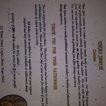 Thai Spice - Look at the last line for service charge of 2 or more - Thai Near Me - Corpus Christi, Texas