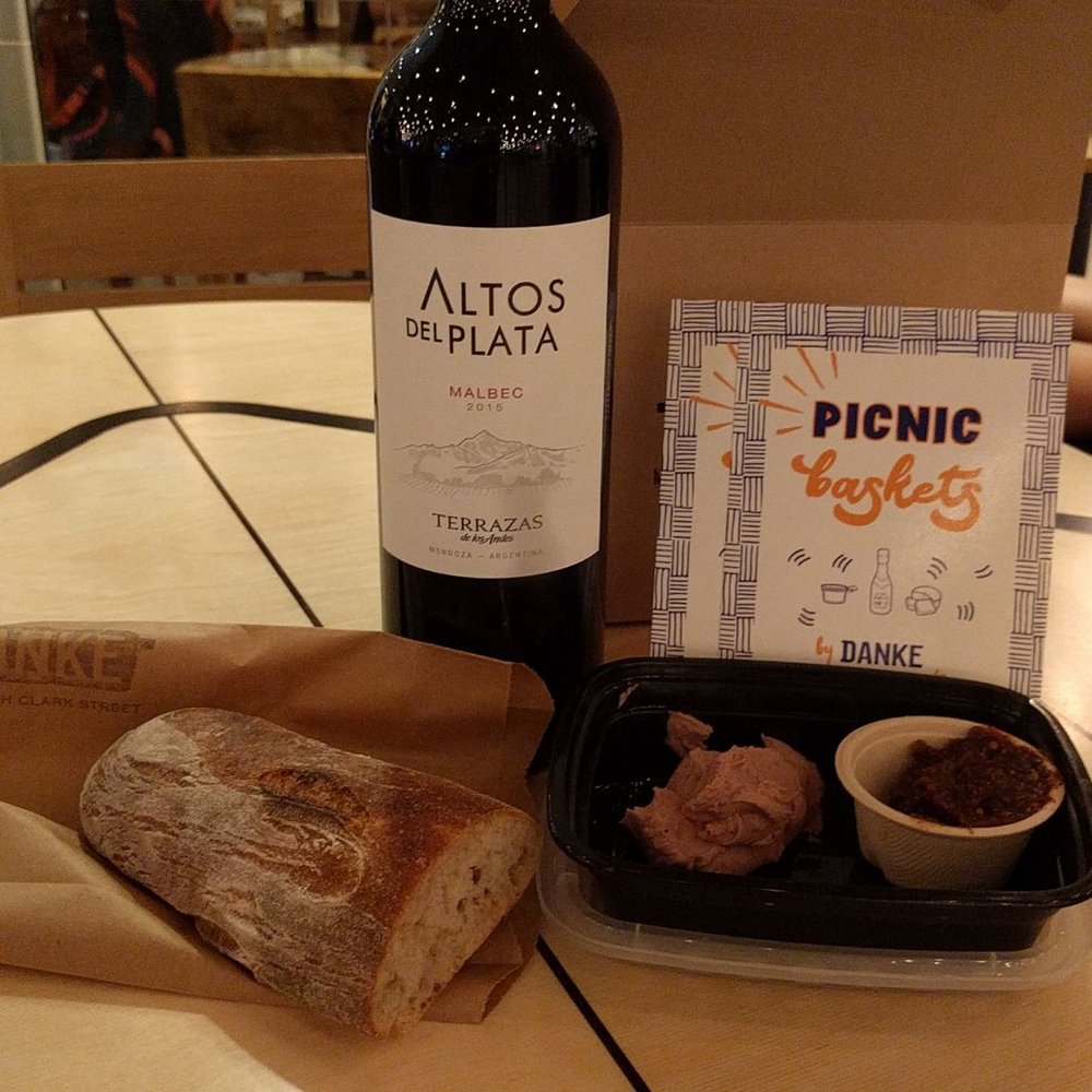 Danke - Danke picnic basket for tonight(duck liver mousse, baguette and a bottle of Altos del platto Malbec awesome wine). - Sandwiches Near Me - Chicago, Illinois