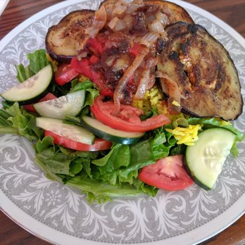 Abigail's Moroccan Cuisine - Eggplant with rice pilaf and a side salad - Moroccan Near Me - Alameda, California Abigail's Moroccan Cuisine - Eggplant with rice pilaf and a side salad - Moroccan Near Me - Alameda, California
