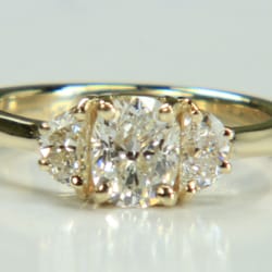 Boston Jewelry - Custom cushion and half moon 3 stone diamond engagement ring