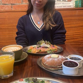 Frame - Avocado toast, blueberry pancake with cream cheese and Smoke Salmon Toast - Coffee & Tea Near Me - New York, New York Frame - Avocado toast, blueberry pancake with cream cheese and Smoke Salmon Toast - Coffee & Tea Near Me - New York, New York