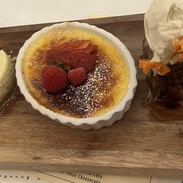 A trio of Creme Brulee, Toffee Cake, and Bourbon Pecan Cheesecake