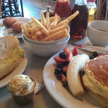 Five Leaves - Brunch baby....ricotta pancakes, sage scrambled egg panini with sides of french fries and hash browns - New American Near Me - Brooklyn, New York Five Leaves - Brunch baby....ricotta pancakes, sage scrambled egg panini with sides of french fries and hash browns - New American Near Me - Brooklyn, New York