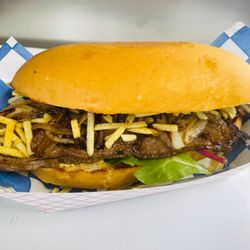 Chef R71 - Yummy steak sandwich 
Pink sauce, lettuce, tomato french fries steak, onions is really good