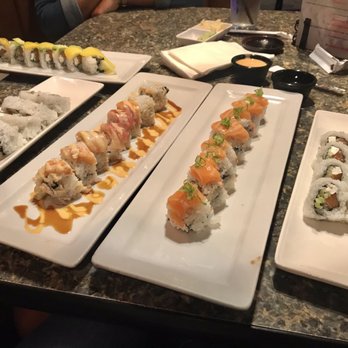 Sushi 101 Bar and Grill - (Left to right) Mango Tango Roll, Philly Roll, ??, Sun Devil Roll, Philly Roll w fresh salmon - Japanese Near Me - Tempe, Arizona