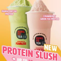 Kung Fu Tea - Introducing Protein Slush! Two of your favorite fruity tea flavors now blended and with up to 19g of protein per drink.