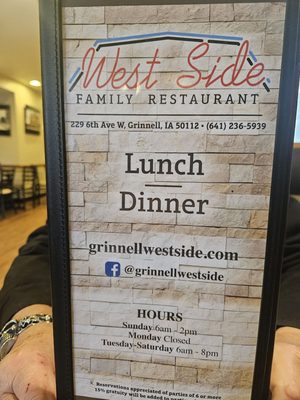 Menu photo 1 West Side Family Restaurant Grinnell, IA Menu photo 1 West Side Family Restaurant Grinnell, IA