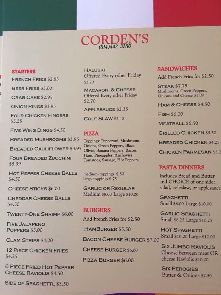 CORDEN’S TAVERN Updated June 2024 195 Shade St, Hooversville