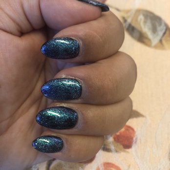 Long Lasting Nails - Chrome full set acrylic nails: black base color with a blue/purple glitter effect - Nail Salons Near Me - Carson, California