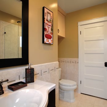 BMV Construction - Porcelain flooring &1/2 walls w/glass ribbon, wood vanity & porcelain sink, custom wood shaker style door with custom casement - General Contractors Near Me - Whittier, California BMV Construction - Porcelain flooring &1/2 walls w/glass ribbon, wood vanity & porcelain sink, custom wood shaker style door with custom casement - General Contractors Near Me - Whittier, California