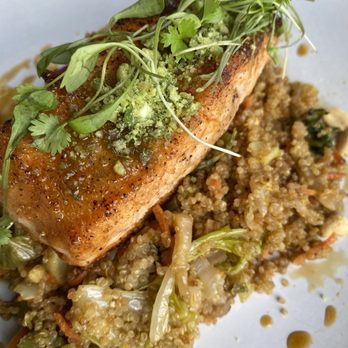 Icebox Cafe - Hallandale Beach - Wasabi crusted salmon served with a vegetable pad Thai quinoa- amazing!! - New American Near Me - Hallandale Beach, Florida