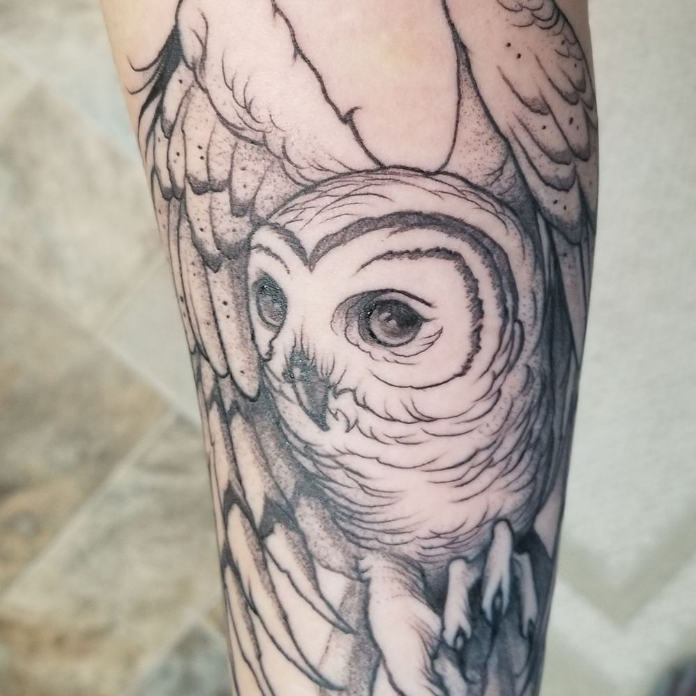 The Silver Key - Barred owl with crescent moon by Joe Perreze. - Tattoo Near Me - Davenport, Iowa The Silver Key - Barred owl with crescent moon by Joe Perreze. - Tattoo Near Me - Davenport, Iowa