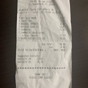 Prohibition Kitchen - Receipt - Bars Near Me - St. Augustine, Florida Prohibition Kitchen - Receipt - Bars Near Me - St. Augustine, Florida