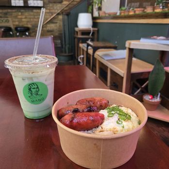 Mano Modern Cafe - Pandan chai latte and Silog- Longanisa (3pc) - Filipino Near Me - Chicago, Illinois
