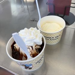 Honey Hut Ice Cream - Hot Fudge sundae w a single of Orange Blossom
