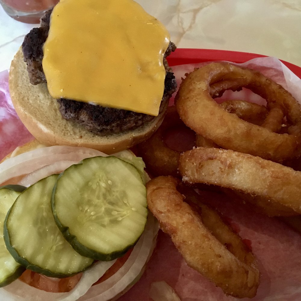 Friendly Stop Bar and Grill - CD Burger with side of Onion Rings. - Burgers Near Me - Cincinnati, Ohio