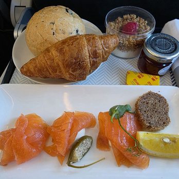 British Airways - The Loch Fyne smoked salmon was actually delicious with the olive bread & cream cheese - Airlines Near Me - London, XGL